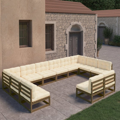 12 Piece Garden Lounge Set&Cushions Honey Brown Solid Pinewood