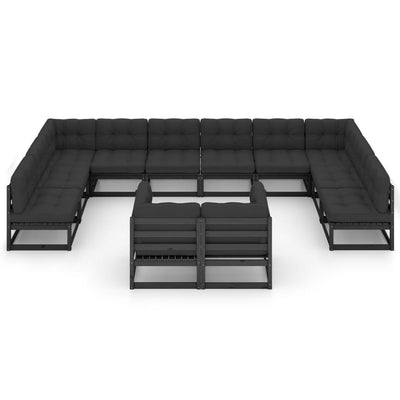 12 Piece Garden Lounge Set with Cushions Black Solid Pinewood