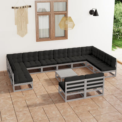 13 Piece Garden Lounge Set with Cushions Grey Solid Pinewood