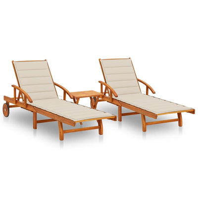 Sun Loungers 2 pcs with Table and Cushions Solid Wood Acacia