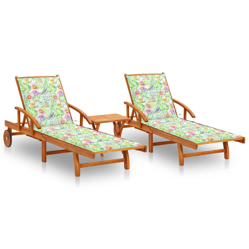 Sun Loungers 2 pcs with Table and Cushions Solid Acacia Wood