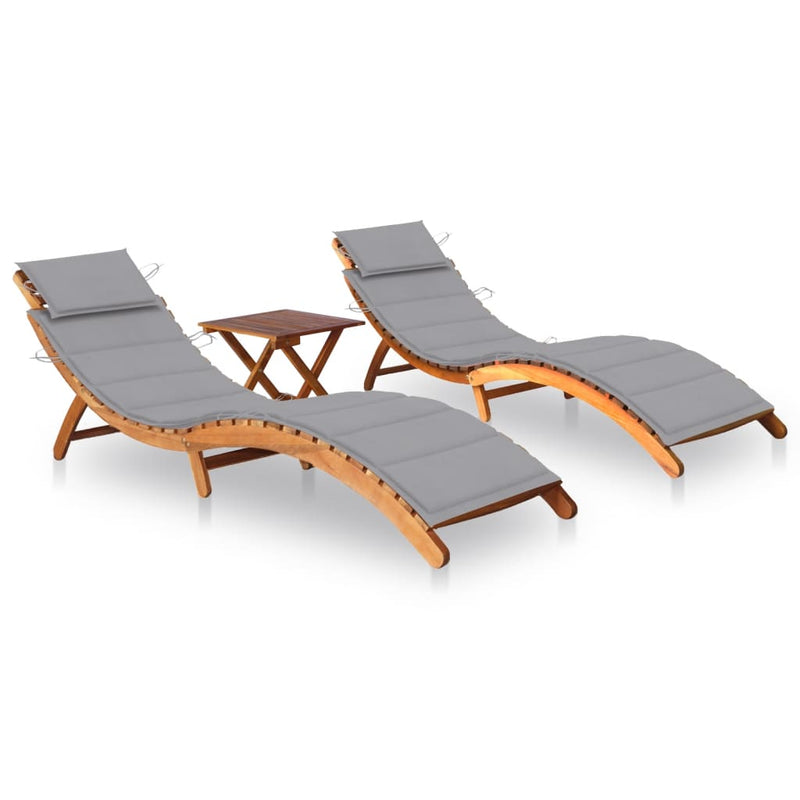 Sun Loungers 2 pcs with Table and Cushions Solid Wood Acacia