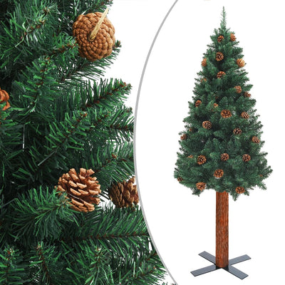 Slim Pre-lit Christmas Tree with Real Wood&Cones Green 210 cm