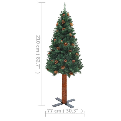 Slim Pre-lit Christmas Tree with Real Wood&Cones Green 210 cm