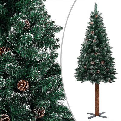 Slim Pre-lit Christmas Tree with Real Wood&White Snow Green 150 cm