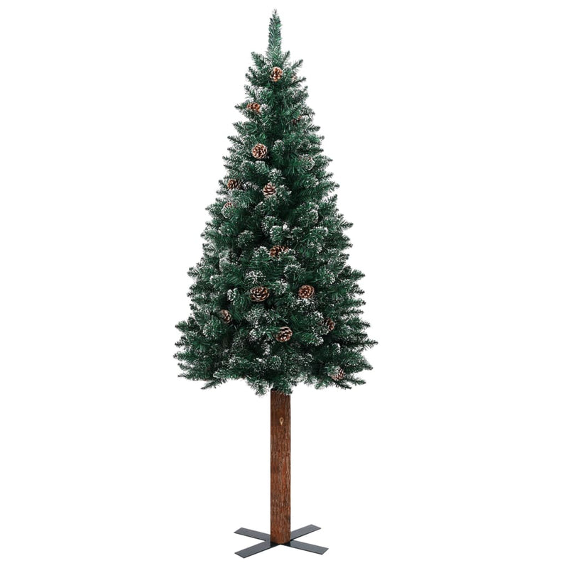 Slim Pre-lit Christmas Tree with Real Wood&White Snow Green 150 cm