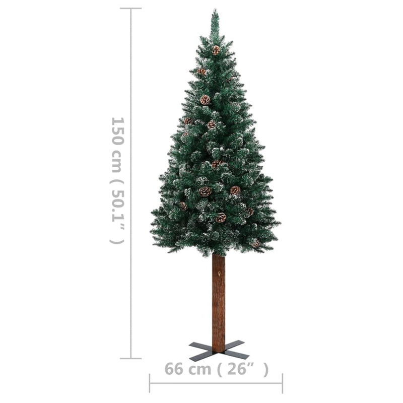 Slim Pre-lit Christmas Tree with Real Wood&White Snow Green 150 cm