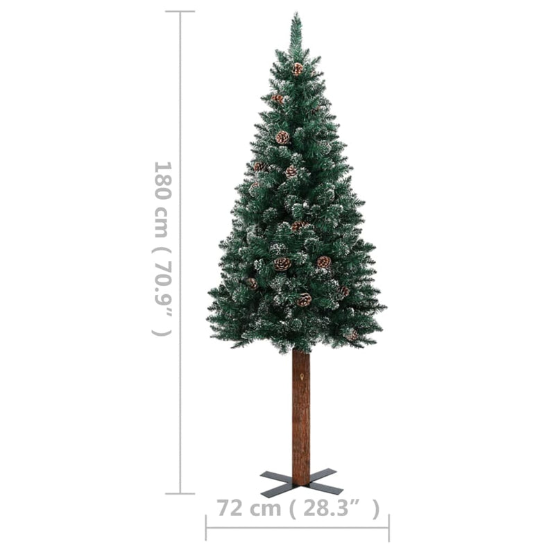 Slim Pre-lit Christmas Tree with Real Wood&White Snow Green 180 cm