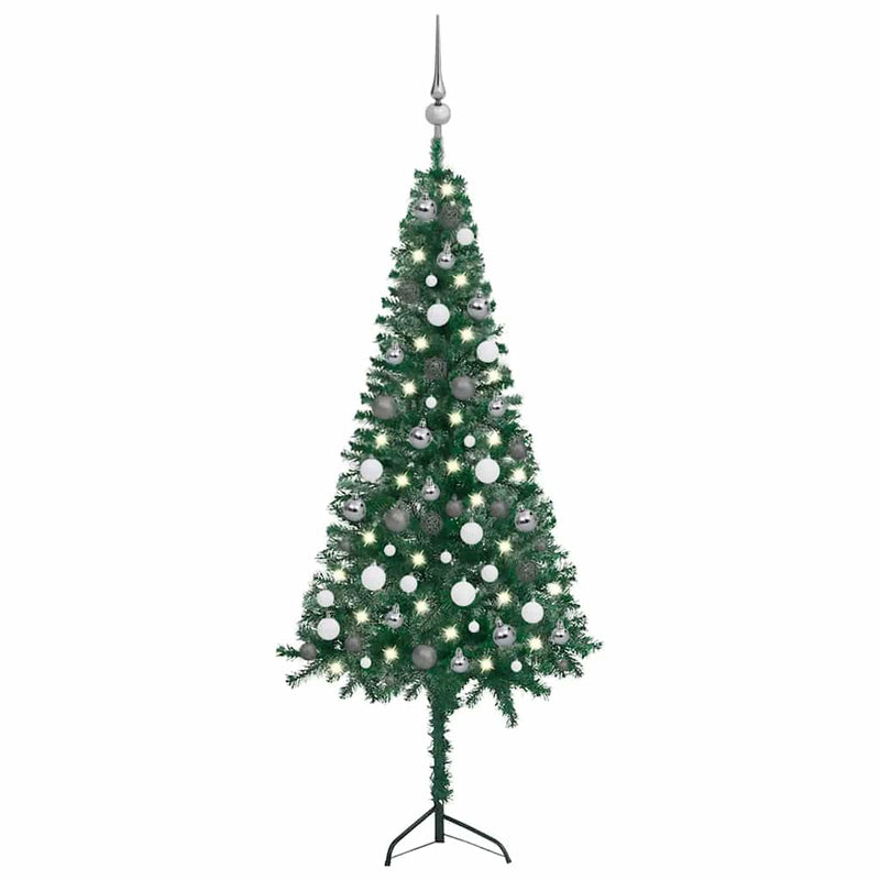 Corner Artificial Christmas Tree LEDs&Ball Set Green 150 cm PVC