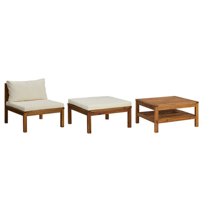 3 Piece Garden Lounge Set with Cream White Cushions Acacia Wood