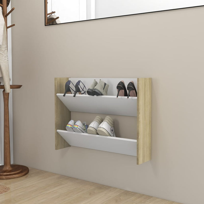 Wall Shoe Cabinet White and Sonoma Oak 80x18x60 cm Engineered Wood