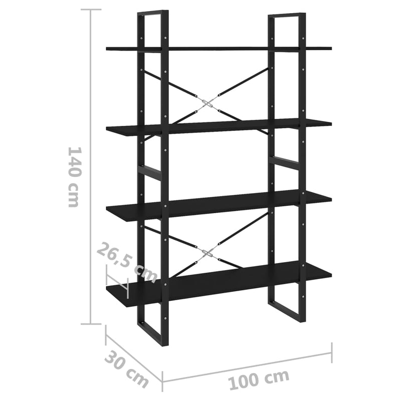 4-Tier Book Cabinet Black 100x30x140 cm Engineered Wood