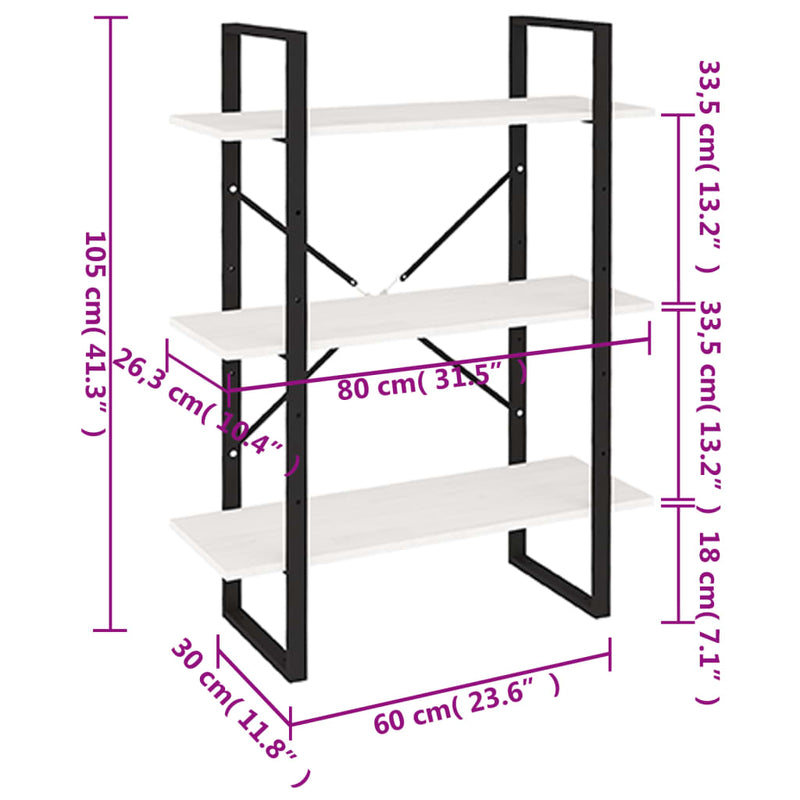 3-Tier Book Cabinet White 80x30x105 cm Solid Pine Wood