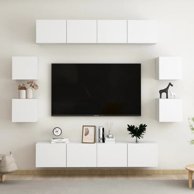 8 Piece TV Cabinet Set White Engineered Wood