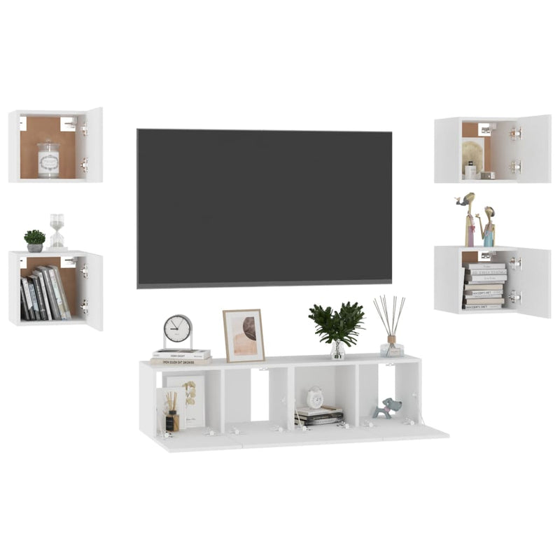 6 Piece TV Cabinet Set White Engineered Wood