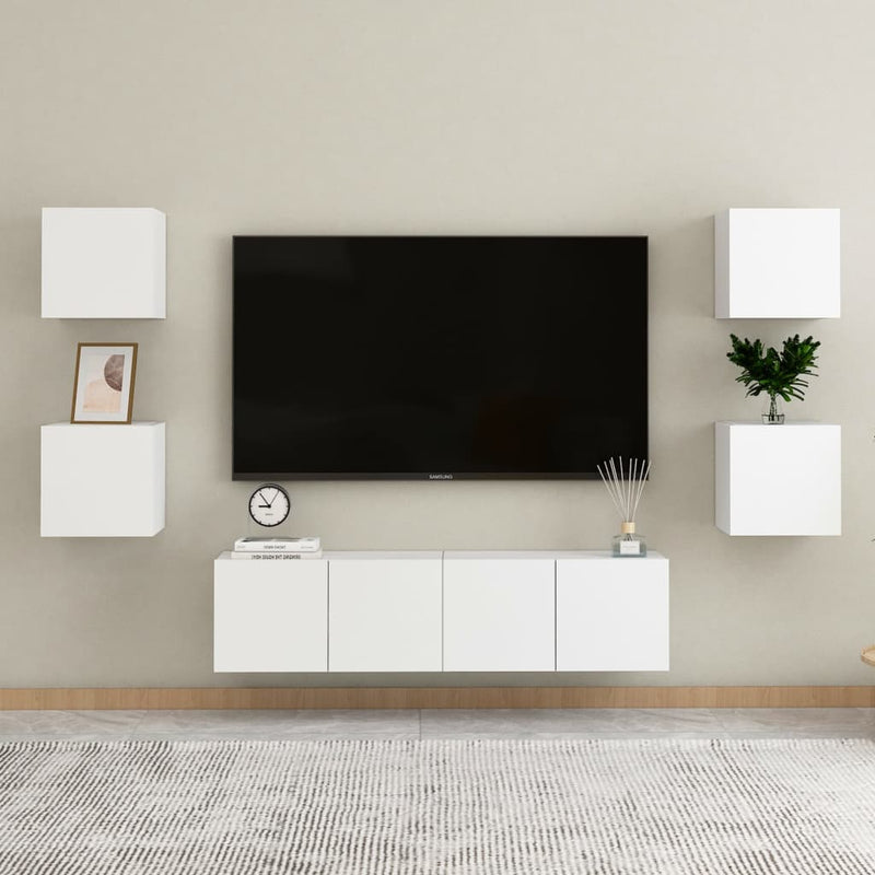 6 Piece TV Cabinet Set White Engineered Wood