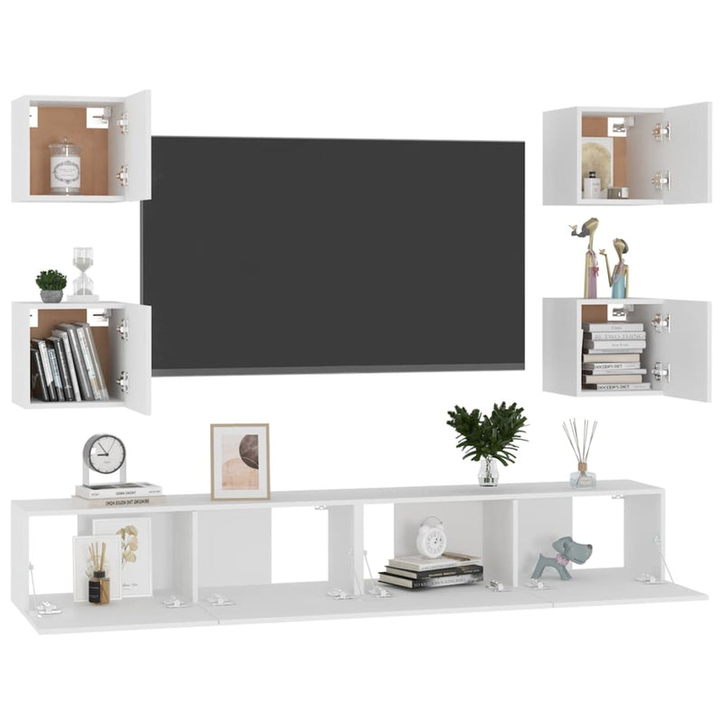 6 Piece TV Cabinet Set White Engineered Wood