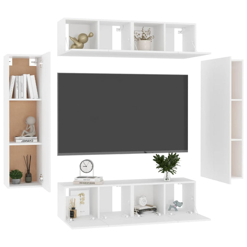 6 Piece TV Cabinet Set White Engineered Wood
