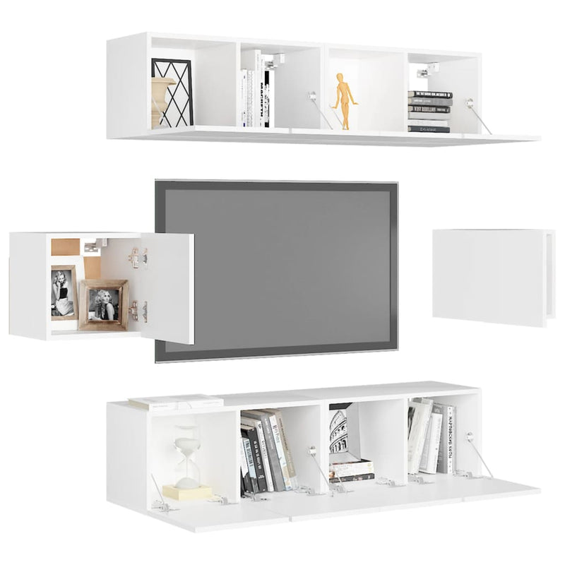 6 Piece TV Cabinet Set White Engineered Wood