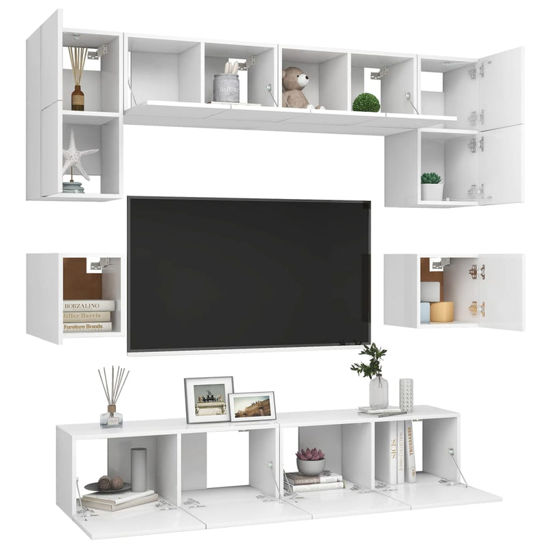 8 Piece TV Cabinet Set White Engineered Wood