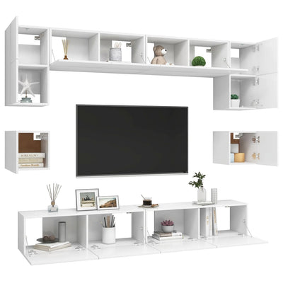 8 Piece TV Cabinet Set White Engineered Wood
