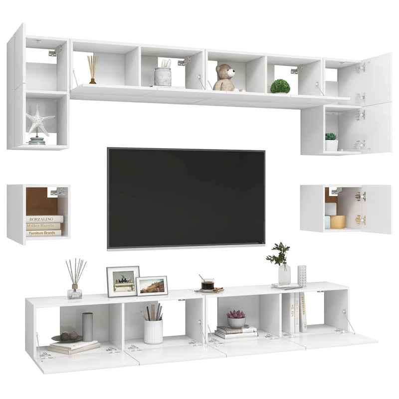 8 Piece TV Cabinet Set White Engineered Wood