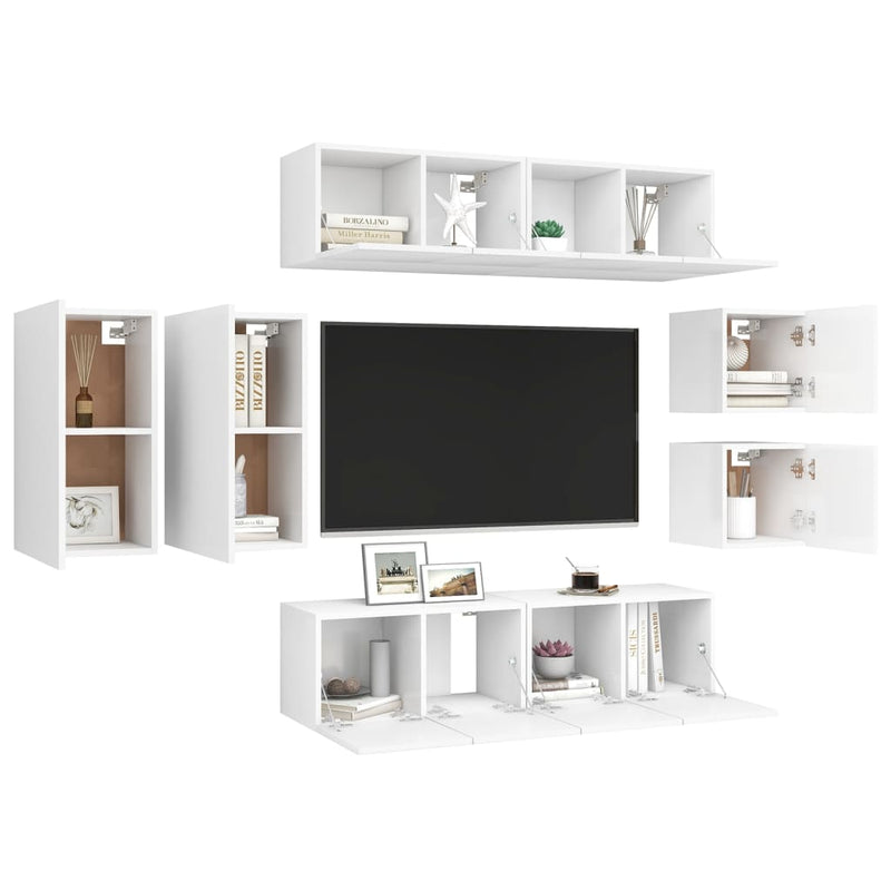8 Piece TV Cabinet Set White Engineered Wood