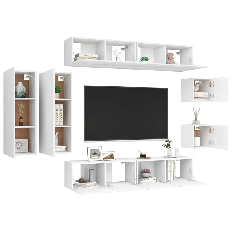 8 Piece TV Cabinet Set White Engineered Wood