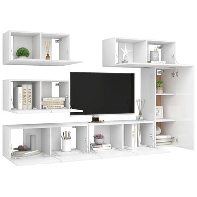 6 Piece TV Cabinet Set White Engineered Wood