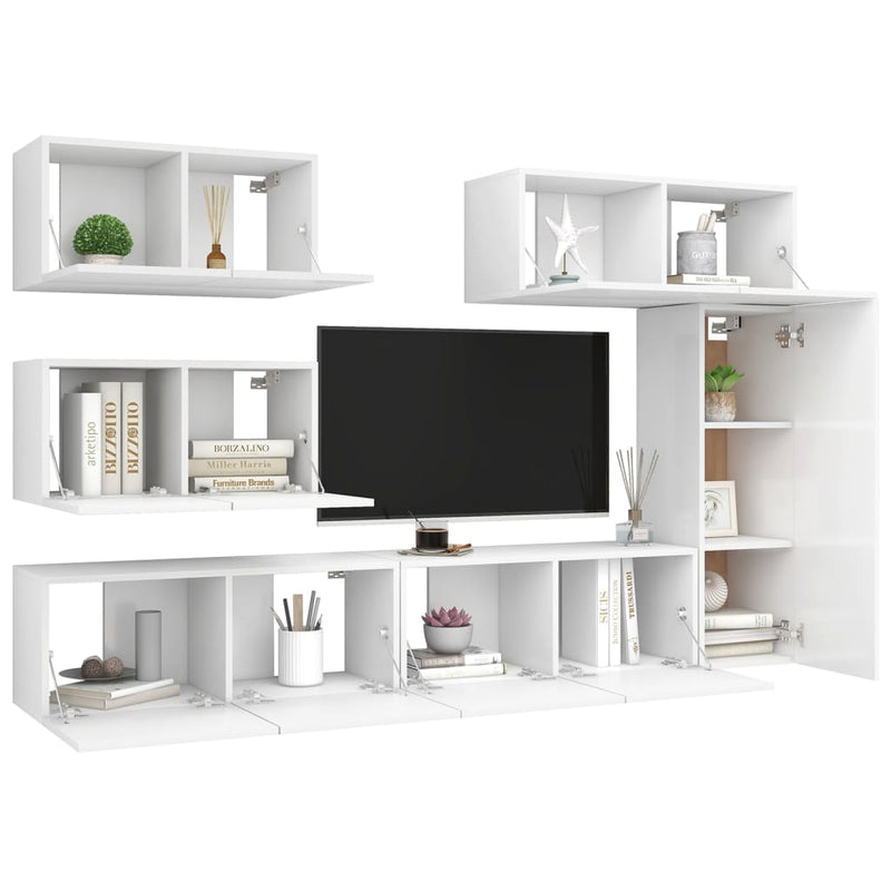 6 Piece TV Cabinet Set White Engineered Wood