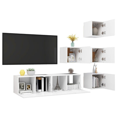 6 Piece TV Cabinet Set White Engineered Wood