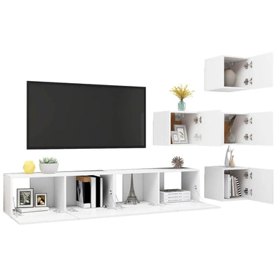 6 Piece TV Cabinet Set White Engineered Wood