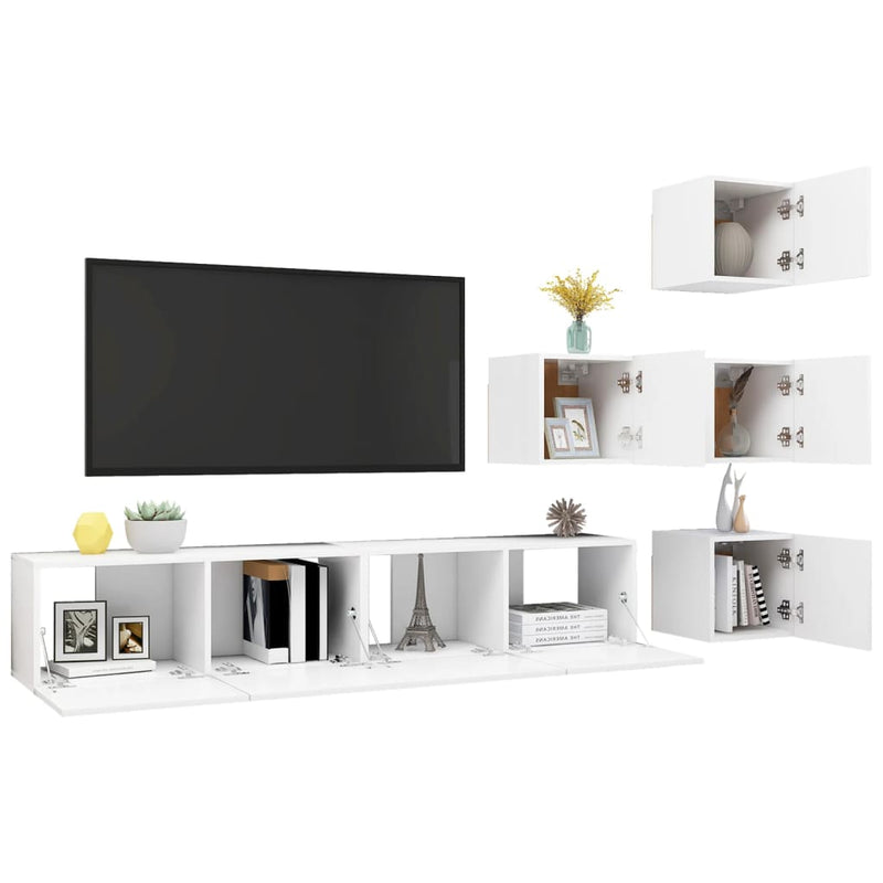 6 Piece TV Cabinet Set White Engineered Wood