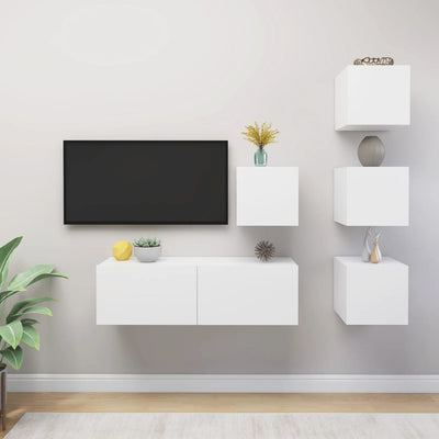 5 Piece TV Cabinet Set White Engineered Wood