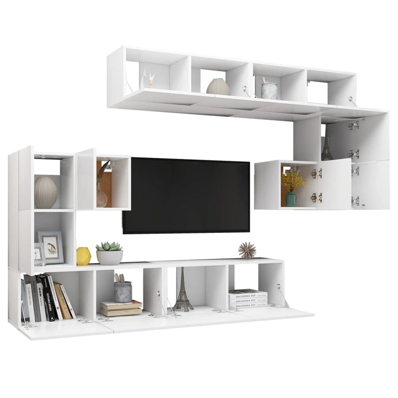 8 Piece TV Cabinet Set White Engineered Wood