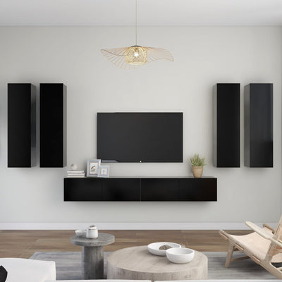 6 Piece TV Cabinet Set Black Engineered Wood