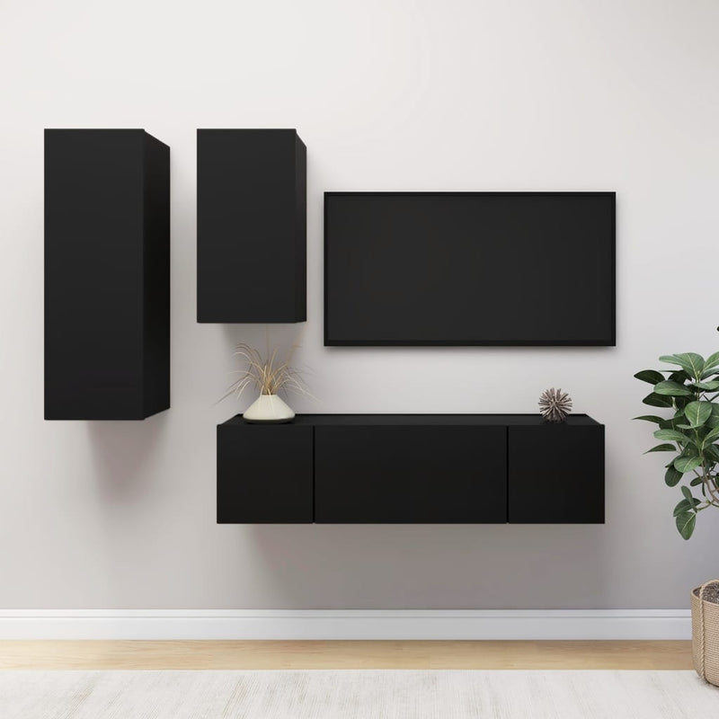 4 Piece TV Cabinet Set Black Engineered Wood