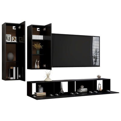 4 Piece TV Cabinet Set Black Engineered Wood