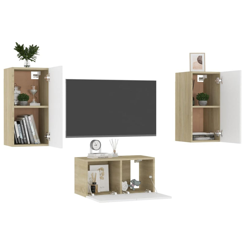 3 Piece TV Cabinet Set White and Sonoma Oak Engineered Wood