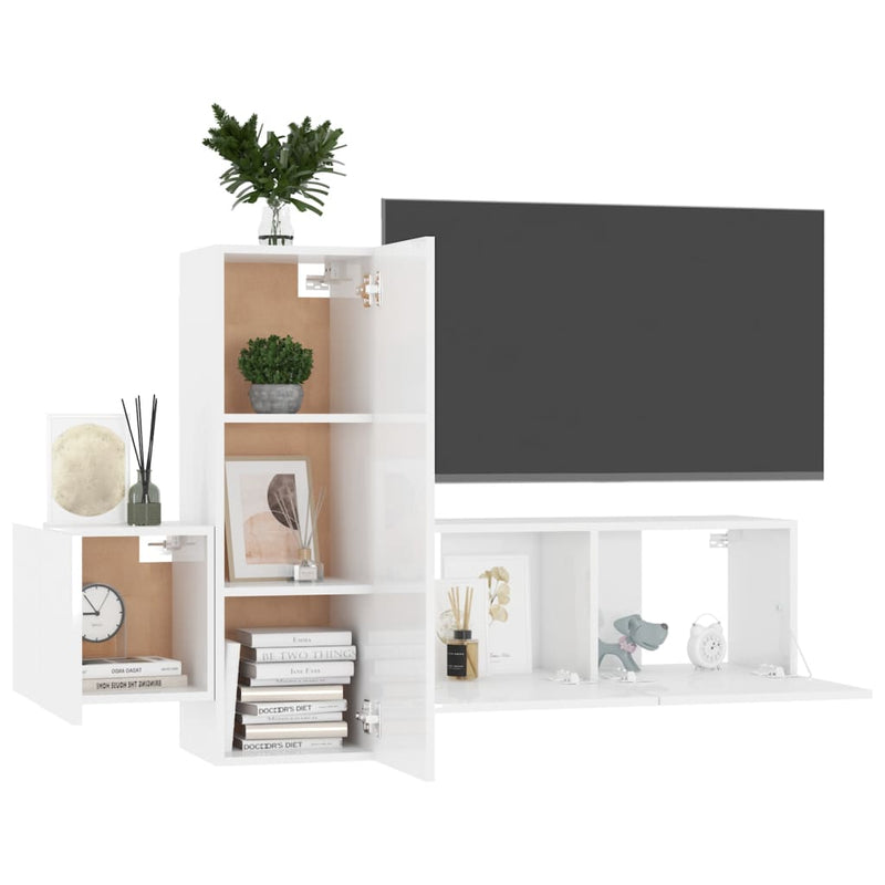 3 Piece TV Cabinet Set High Gloss White Engineered Wood