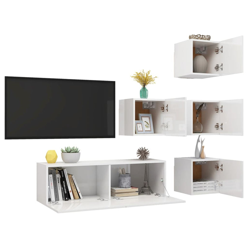 5 Piece TV Cabinet Set High Gloss White Engineered Wood
