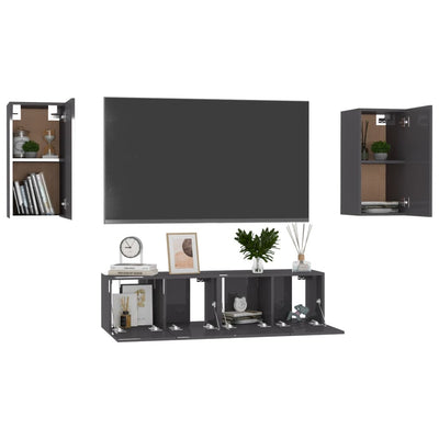 4 Piece TV Cabinet Set High Gloss Grey Engineered Wood