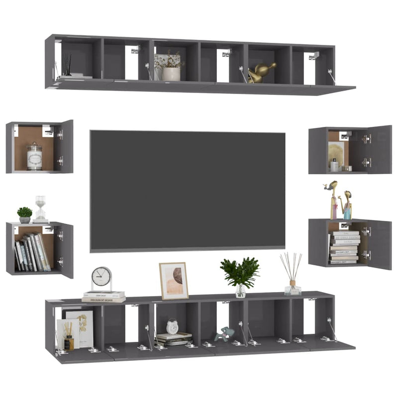 10 Piece TV Cabinet Set High Gloss Grey Engineered Wood