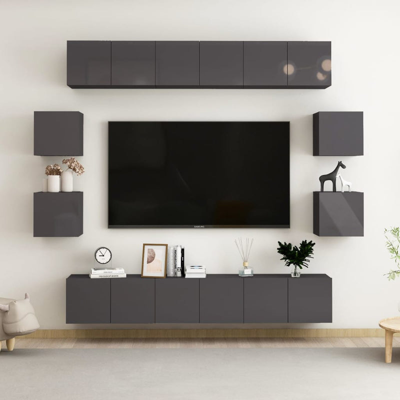 10 Piece TV Cabinet Set High Gloss Grey Engineered Wood