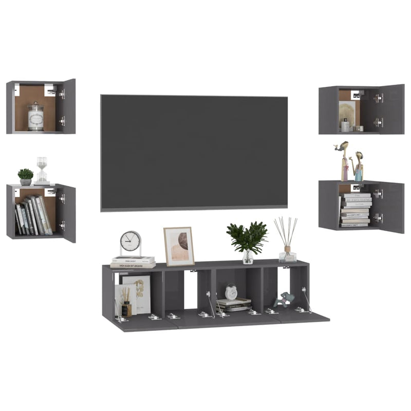 6 Piece TV Cabinet Set High Gloss Grey Engineered Wood