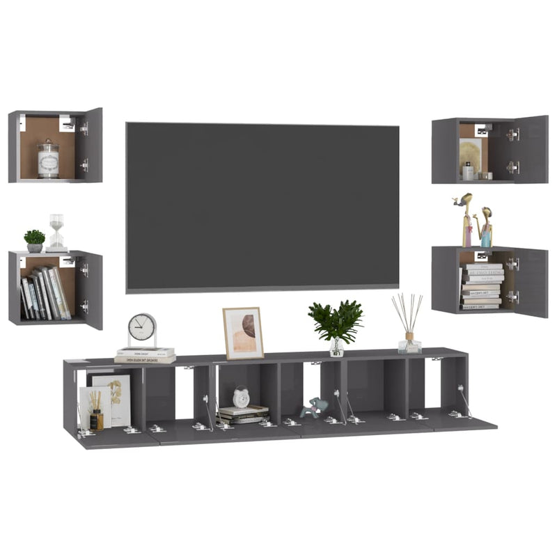 7 Piece TV Cabinet Set High Gloss Grey Engineered Wood