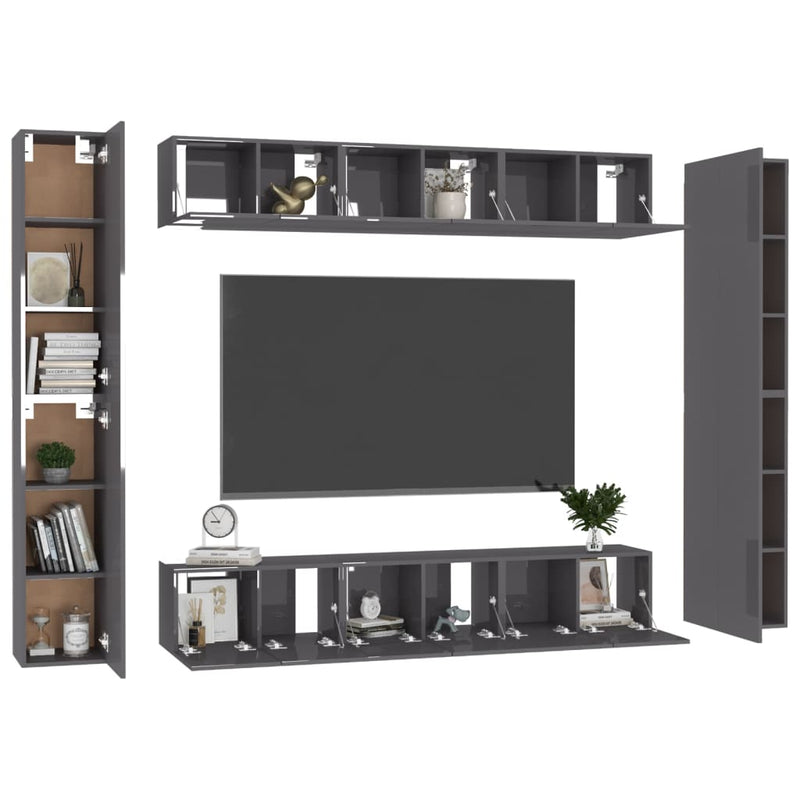 10 Piece TV Cabinet Set High Gloss Grey Engineered Wood