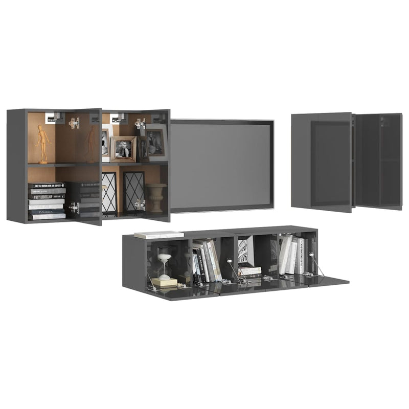 6 Piece TV Cabinet Set High Gloss Grey Engineered Wood