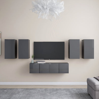 6 Piece TV Cabinet Set High Gloss Grey Engineered Wood