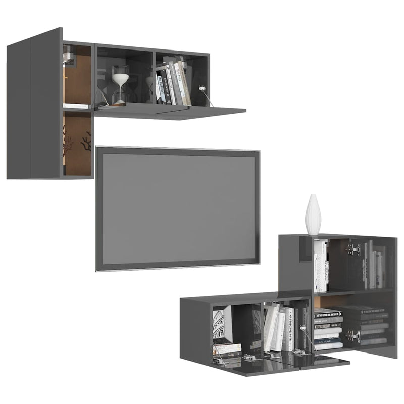 4 Piece TV Cabinet Set High Gloss Grey Engineered Wood